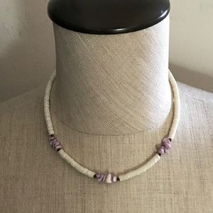 1970's Purple & White Heishi Bead & Shell Necklace